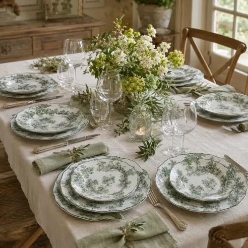 Servizio piatti Blanc Mariclò Affinità Elettive in porcellana con decoro Toile de Jouy verde composto da 6 piatti piani, 6 fondi e 6 piatti frutta.