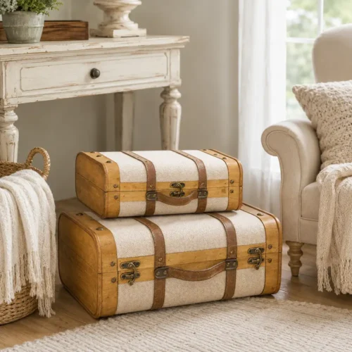 Set 2 valigie decorative in legno e tessuto grezzo 35 e 40 cm