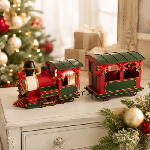 Set locomotiva e vagone natalizi in metallo 2 pezzi