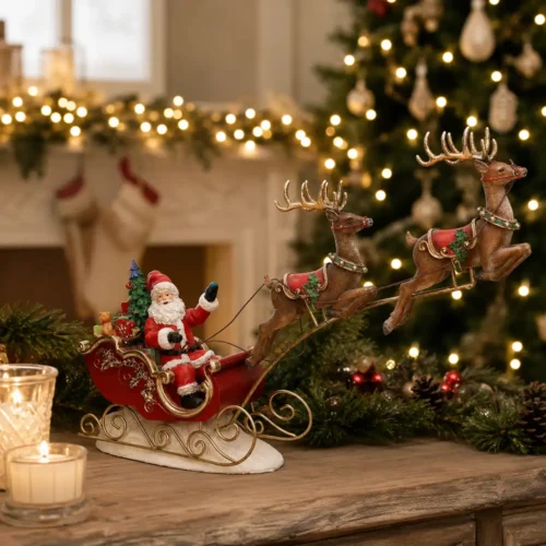 Slitta di Babbo Natale in resina con due renne volanti, pacchi regalo e decorazioni rosse, verdi e dorate.