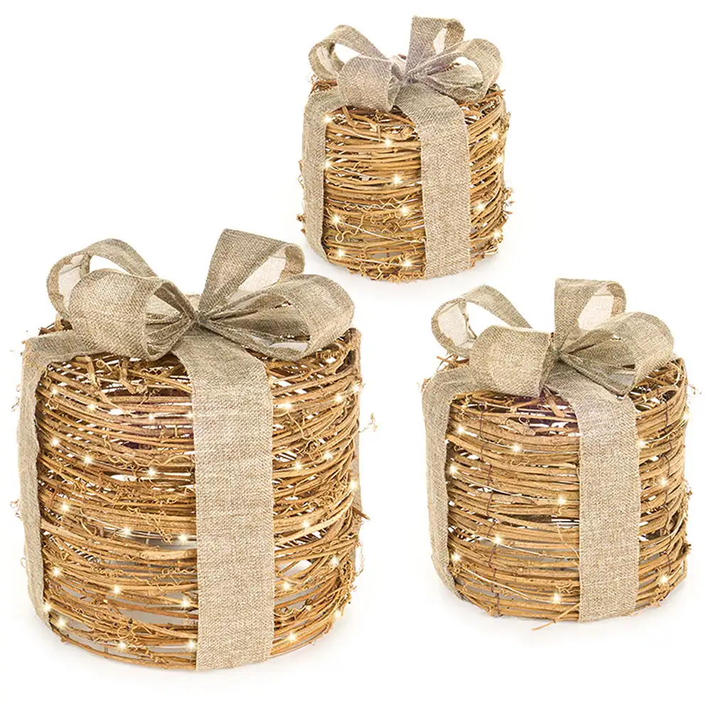 Set 3 pacchi regalo luminosi in rattan con 20, 30 e 40 LED