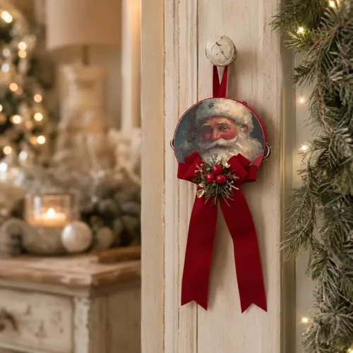 Tamburello Antico Natale con stampa vintage di Babbo Natale, fiocco rosso, bacche decorative e lunghe code.
