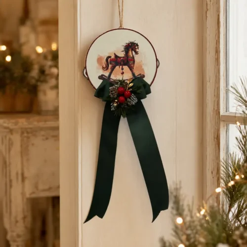 Tamburello Madame Fioccò Dondolio di Ricordi 13 cm con cavallo a dondolo, fiocco verde bosco e bacche rosse.