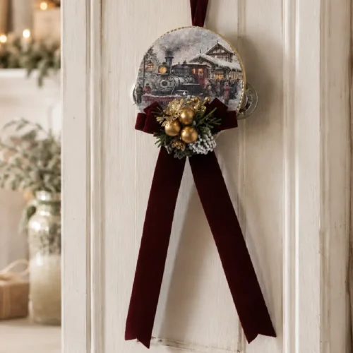 Tambourin de Noël Madame Fioccò Ø 13 cm avec imprimé train enneigé, nœud bordeaux, sphères dorées et décorations vertes.