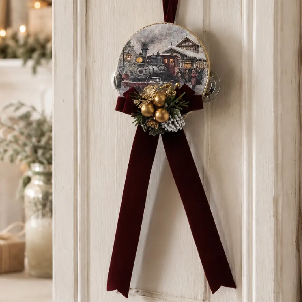 Tambourin de Noël Madame Fioccò Ø 13 cm avec imprimé train enneigé, nœud bordeaux, sphères dorées et décorations vertes.