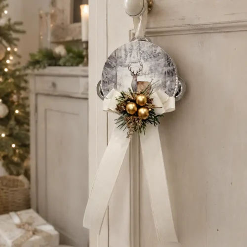Tamburello natalizio Nobile Inverno Madame Fioccò Ø 10 cm con cervo, fiocco avorio, sfere dorate e nastri pendenti.