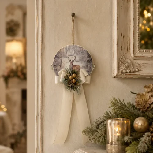 Tamburello Nobile Inverno Madame Fioccò Ø 13 cm con cervo, fiocco avorio, rametti verdi, sfere dorate e sonagli metallici.