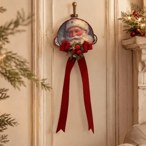 Tamburello natalizio Antico Natale 10 cm con Babbo Natale vintage, fiocco rosso, bacche decorative e dettagli metallici.