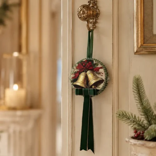 Tambourin de Noël Madame Fioccò avec clochettes dorées, nœud rouge, bord vert et long ruban vert.
