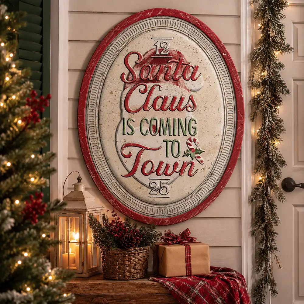 Targa natalizia ovale Santa Claus in legno e metallo 47 x 62 cm