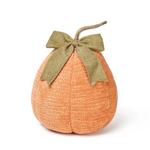 Alternative view of Zucca arancione in tessuto con fiocco verde h 28 cm