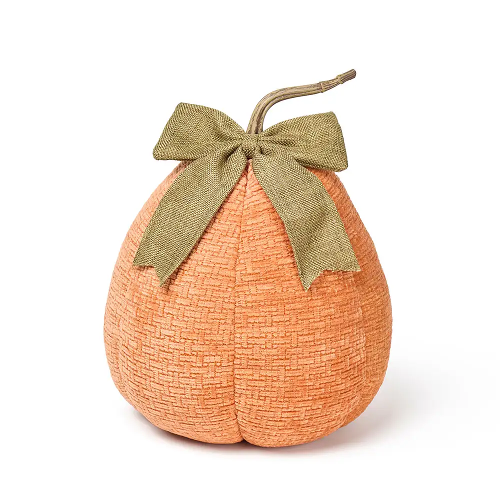 Zucca arancione in tessuto con fiocco verde h 28 cm - immagine 2
