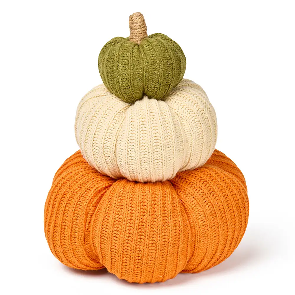 Set 3 zucche in tessuto arancione avorio e verde h 37 cm - immagine 2