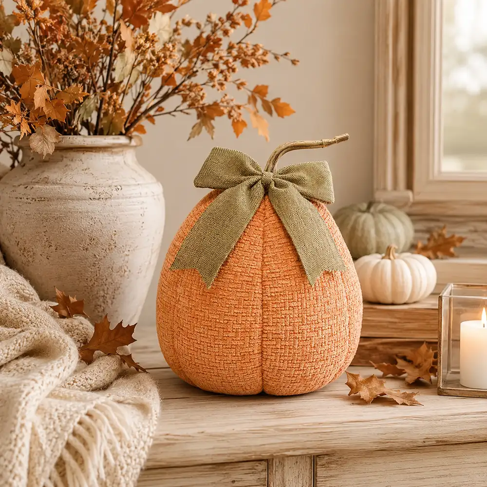 Zucca arancione in tessuto con fiocco verde h 28 cm