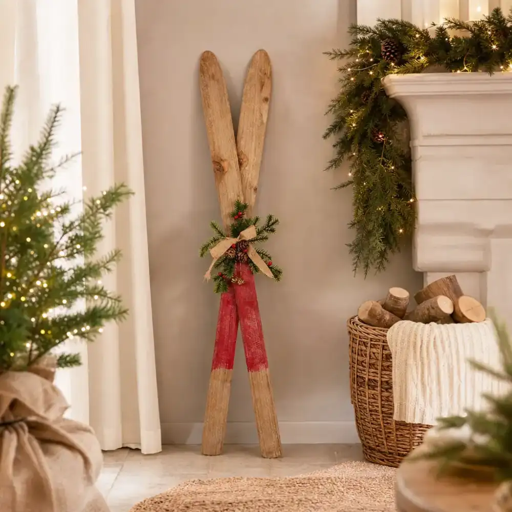 Decorazione natalizia con sci incrociati in legno 79 cm Nuvole di Stoffa in ambientazione lifestyle