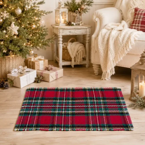 Tapis « Blanc MariClò » en 100 % coton, avec un motif Tartan rouge, vert, blanc et noir, issu de la collection « Tartan de Noël », aux dimensions de 50 x 90 cm.