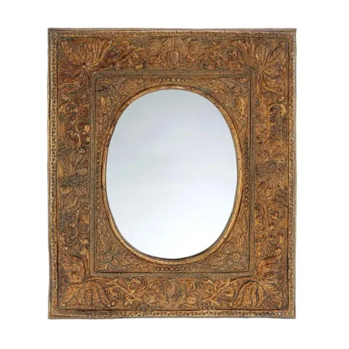 Specchio Blanc Mariclò Vivienne con cornice rettangolare bronzo anticato, decori floreali in rilievo e specchio ovale centrale.