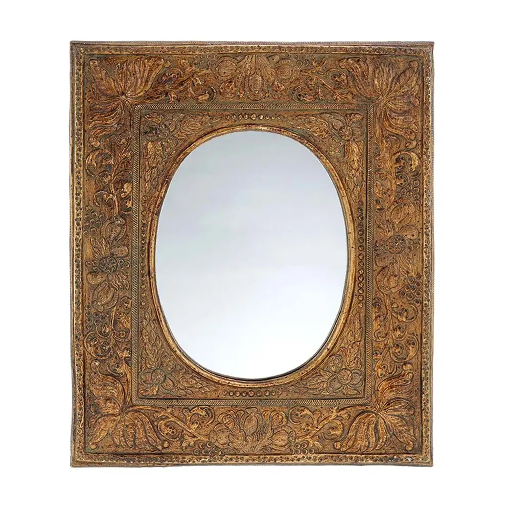 Specchio Blanc Mariclò Vivienne con cornice rettangolare bronzo anticato, decori floreali in rilievo e specchio ovale centrale.
