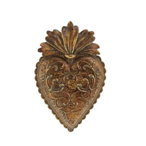 Cuore votivo Blanc Mariclò Vivienne in resina bronzo anticato con rilievi floreali barocchi e fiamma decorativa superiore.