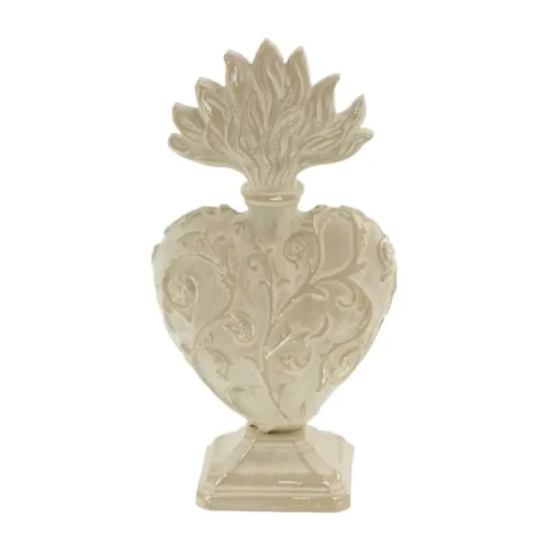 Decorazione cuore votivo Blanc Mariclò Vivienne in resina beige anticato, con motivi floreali, fiamma e base sagomata.