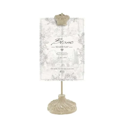 Porta foto note Blanc Mariclò Vivienne in resina beige con base decorata, stelo sottile e clip a corona, alto 24 cm.