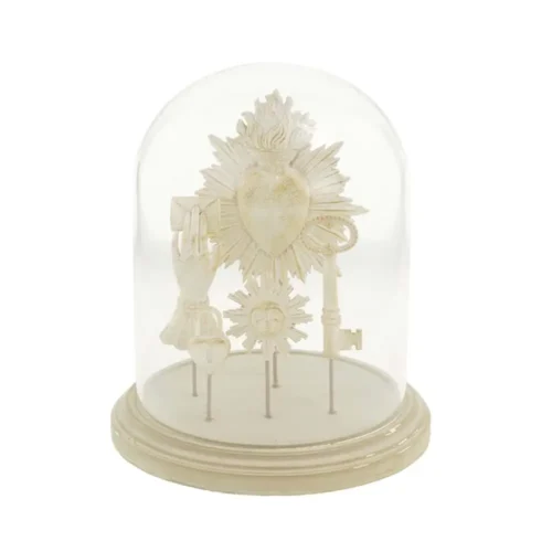Campana decorativa Blanc Mariclò Vivienne in vetro con base in resina avorio e composizione di simboli votivi.