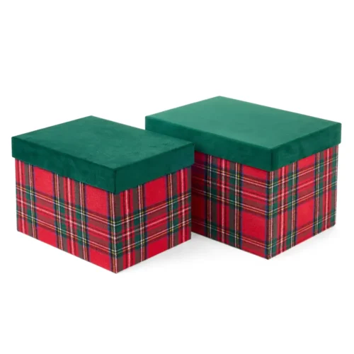 Set 2 scatole rettangolari tartan con coperchio verde 30 e 33 cm