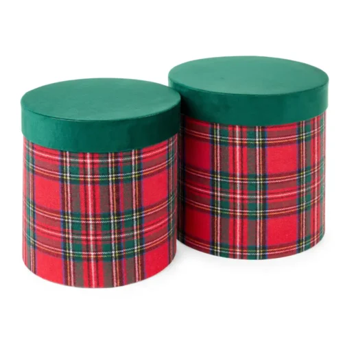 Set 2 scatole rotonde tartan con coperchio verde diametro