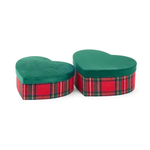 Set 2 scatole a cuore tartan con coperchio verde 27 e 30 cm