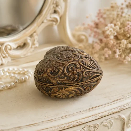 Cofre con forma de corazón «Blanc Mariclo Vivienne» de resina dorada envejecida, con tapa abombada y motivos florales en relieve.