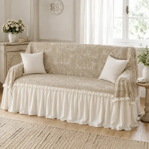 Copridivano Blanc Mariclò Toile du Borgo in microfibra beige con stampa toile, gala avorio da 50 cm e bordo arricciato.
