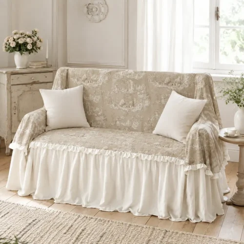 Copridivano Blanc Mariclò Toile du Borgo in microfibra beige con stampa toile, gala avorio da 50 cm e bordo arricciato.
