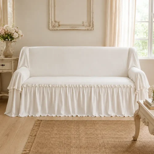 Copridivano Blanc Mariclò in microfibra color naturale con gala lunga e bordi arricciati.