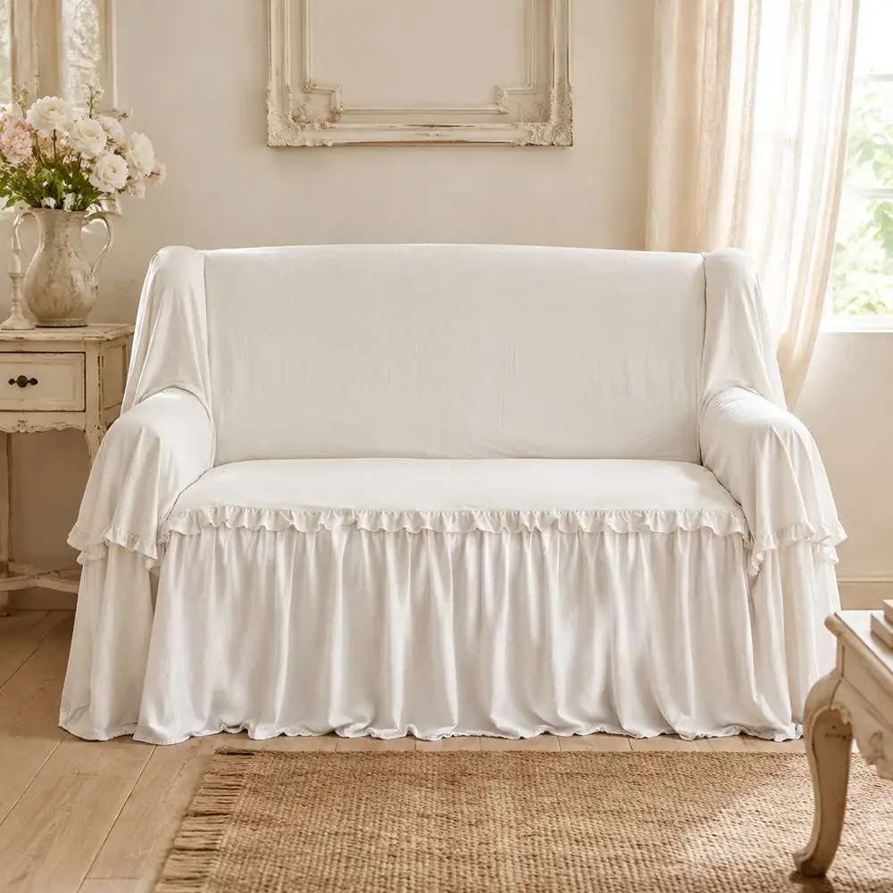 Copridivano Blanc Mariclò in microfibra color naturale con gala lunga e bordi arricciati.