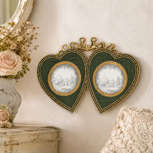 Portafoto doppio cuore Blanc Mariclò Vivienne verde e oro con fiocco decorativo, per due fotografie 7x9 cm.