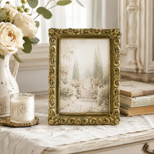 Portafoto Blanc Mariclo Vivienne in resina oro anticato con cornice decorata da volute, fiori e foglie in rilievo, per foto 10x15 cm.