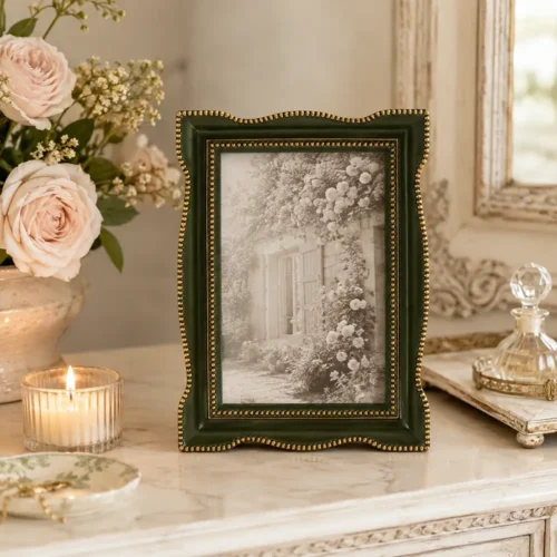 Portafoto Blanc Mariclò Vivienne in resina verde oliva con bordi sagomati e piccoli decori dorati a rilievo, formato foto 10x15 cm.