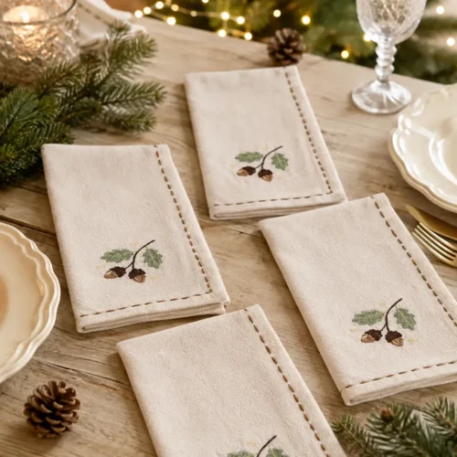 Set di quattro tovaglioli écru Blanc Mariclò con ghiande ricamate, foglie verdi e bordo decorativo marrone.