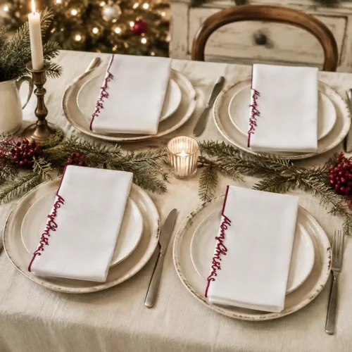 Set di 4 tovaglioli Blanc Mariclò in cotone bianco con bordo e scritta ricamata Merry Christmas in rosso.