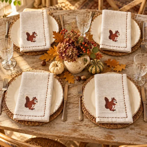 Set de quatre serviettes beiges Blanc Mariclò avec écureuil brodé et bordure vert foncé.