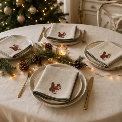 Set di quattro tovaglioli beige Blanc Mariclò con scoiattolo ricamato e bordo verde scuro.