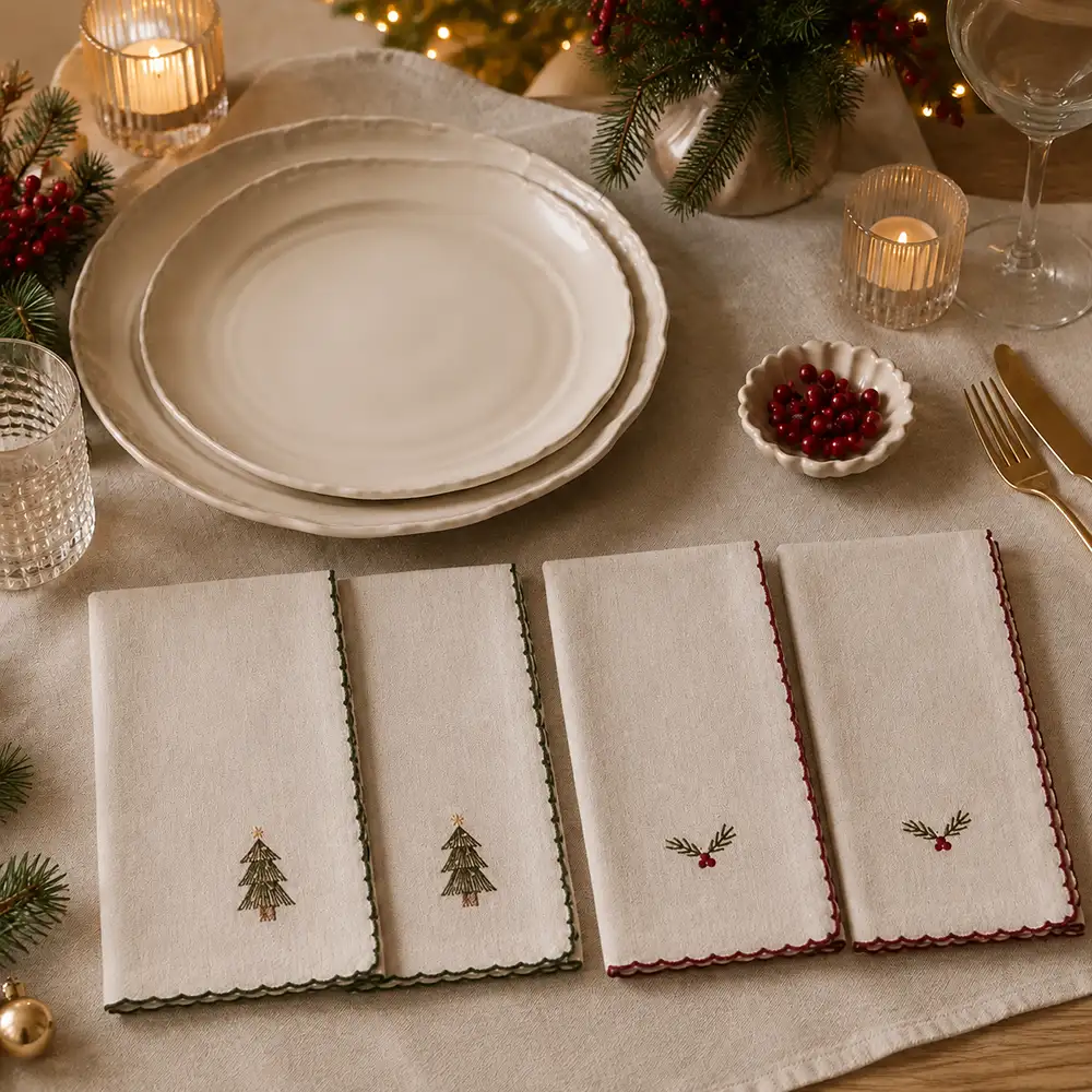 Set di 4 tovaglioli Blanc Mariclò color naturale, con ricami natalizi e bordi smerlati verdi e bordeaux.
