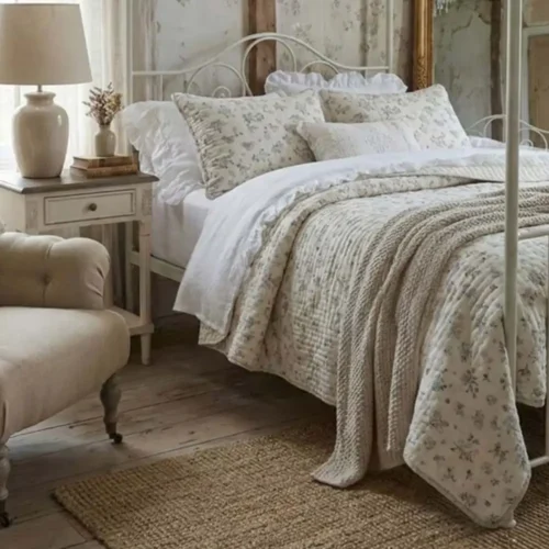 Blanc Mariclo Couette Double Hiver Fleuri avec Taies d’oreiller