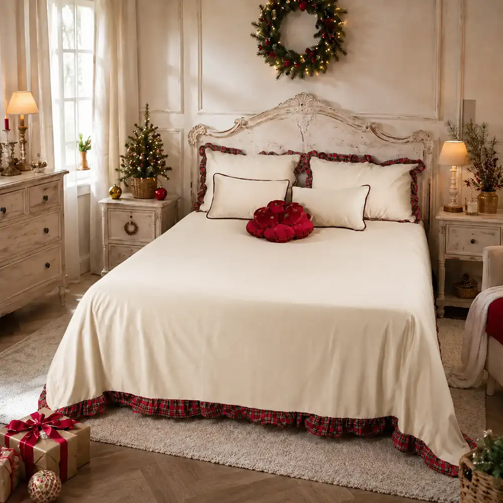 Parure de lit Bon Bon à volants tartan et 2 taies d’oreiller rouge 260x260 cm (Copia)