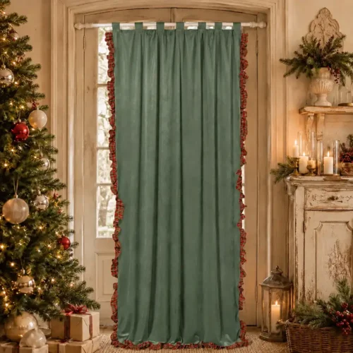 Rideau Velours Vert Clodette avec Rouche Tartan 300x150 cm