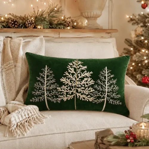 Cuscino rettangolare Aspen abeti in velluto verde 50x35 cm
