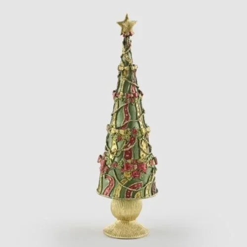 Albero di Natale decorativo verde con dettagli rossi e oro, glitter, fiocchi, stella e piedistallo dorato.