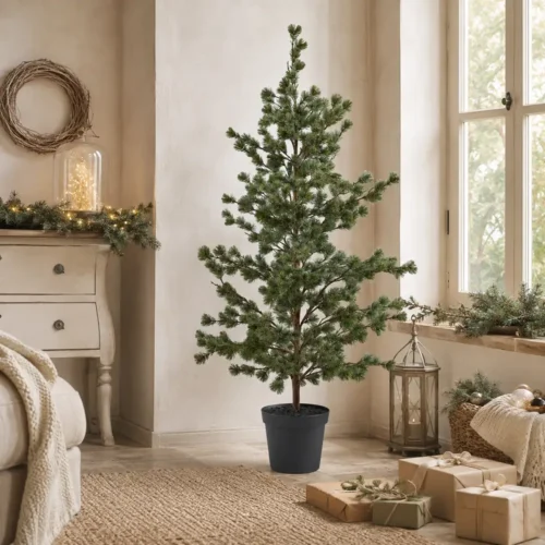 Cedro artificiale EDG alto 160 cm, con rami verdi ad aghi, tronco marrone e vaso nero opaco.