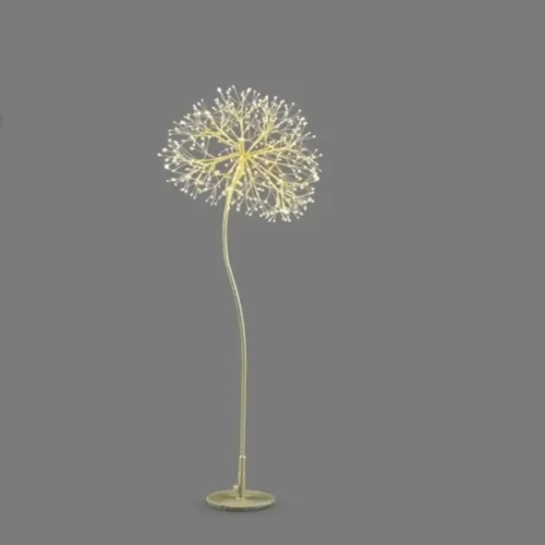Dandelion luminoso EDG color oro con 384 microLED, lungo stelo, base circolare e testa floreale sferica, alto 120 cm.