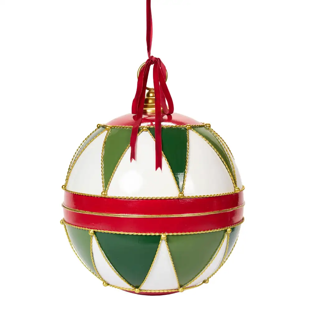 Campana natalizia decorativa in metallo rosso verde e bianco 63 cm